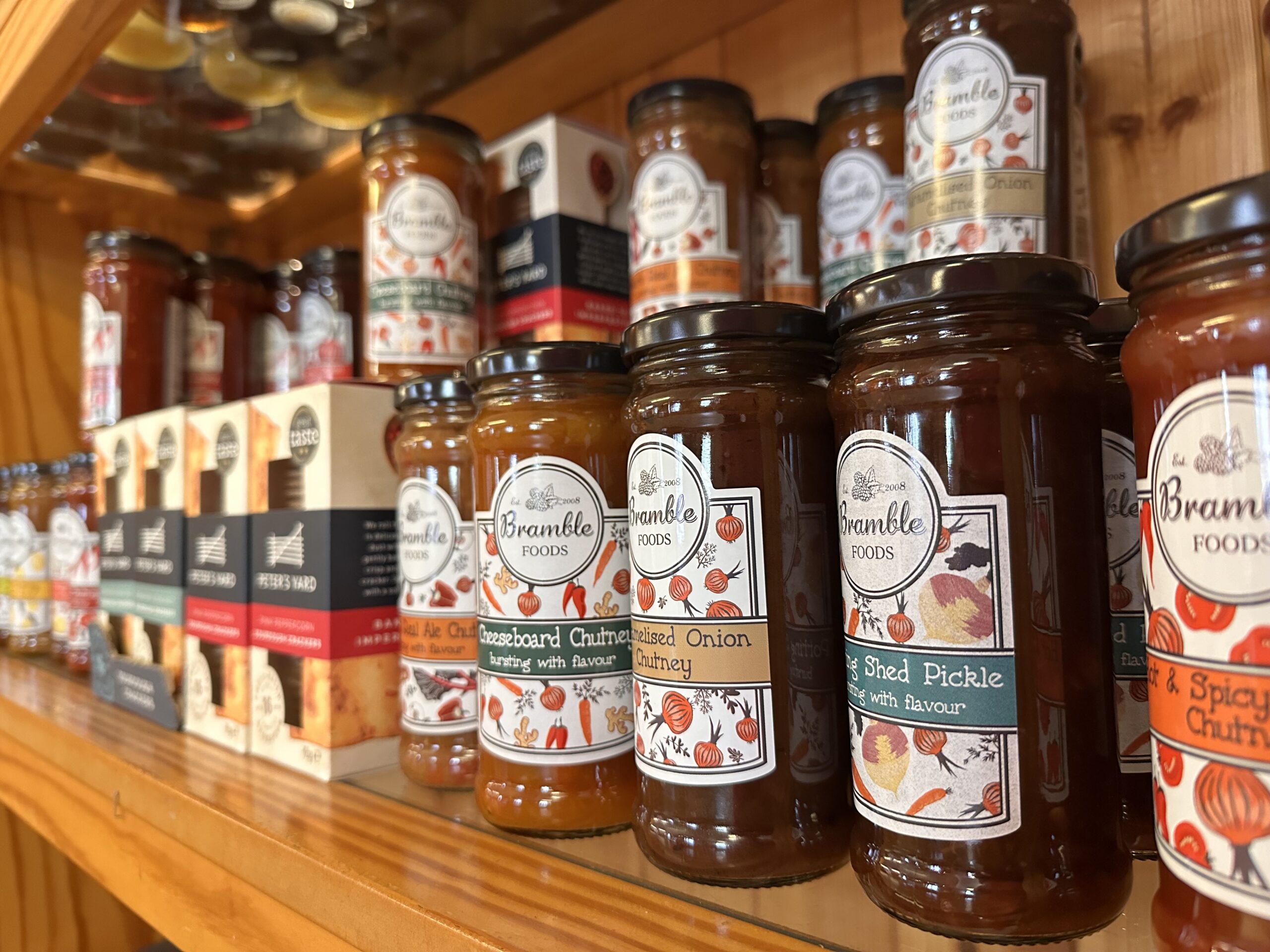 A shelf displaying various Jams and chutney