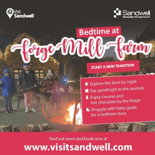 Poster for "Bedtime at Forge Mill Farm" featuring kids by a firepit with activities like nighttime farm visits, s'mores, and snuggling baby goats.
